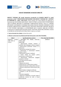 ARHITECT TOPOGRAF SRL anunță demararea procedurilor de ACHIZIȚIE DIRECTĂ în cadrul proiectului cu titlul ” SPRIJIN PENTRU DIGITALIZAREA TOUR ARHITECT TOPOGRAF SRL”, CONTRACT DE FINANȚARE Nr. ordine: 3339.1/i3/c9, Platforma module CRM / ERP / AI (1 buc.) Servicii cloud (1 buc.) Servicii realizare 2 retele sociale (1 buc.)