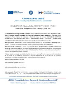 CLUBUL SPORTIV CENTURA NEAGRĂ – CRAIOVA anunță finalizarea proiectului cu titlul ”Digitalizare CLUBUL SPORTIV CENTURA NEAGRĂ – CRAIOVA”, CONTRACT DE FINANȚARE Nr. ordine: 324.1/i9/c7 / 23.07.2025