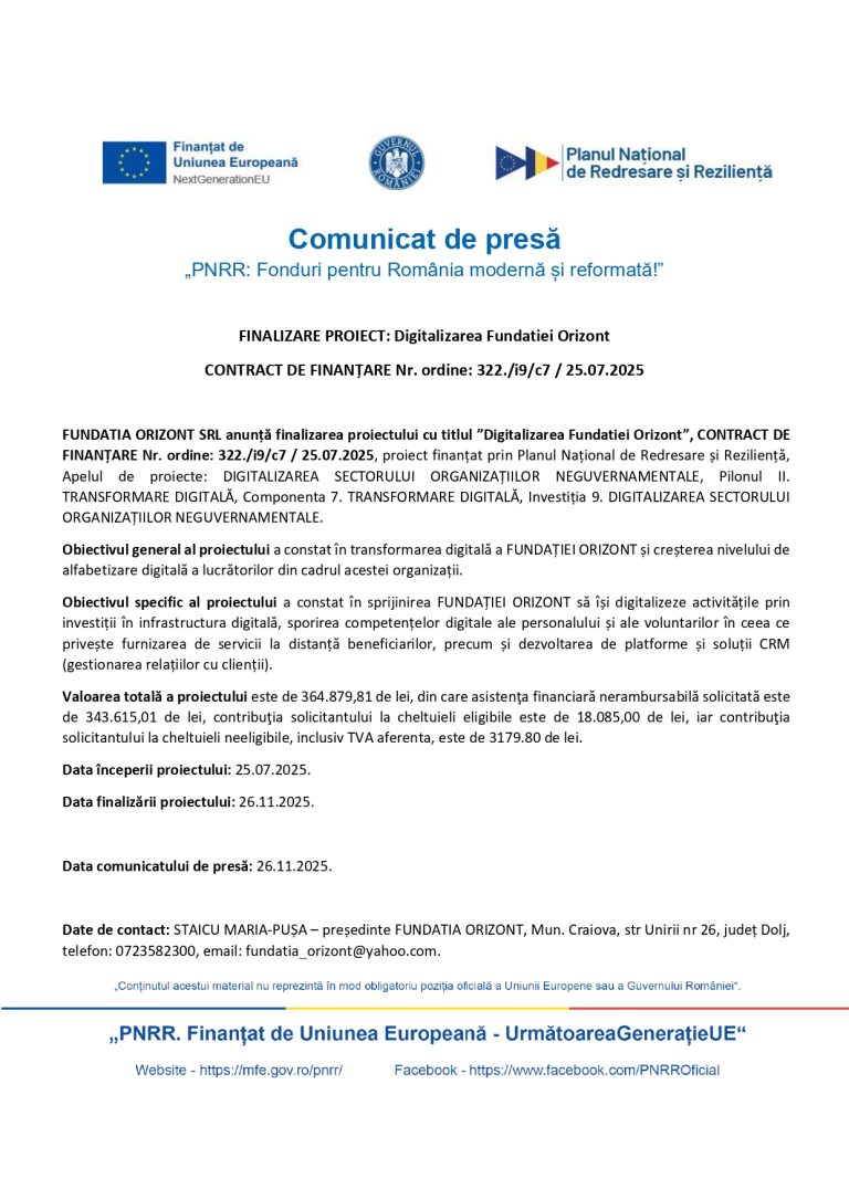 FUNDATIA ORIZONT SRL anunță finalizarea proiectului cu titlul ”Digitalizarea Fundatiei Orizont”, CONTRACT DE FINANȚARE Nr. ordine: 322./i9/c7 / 25.07.2025