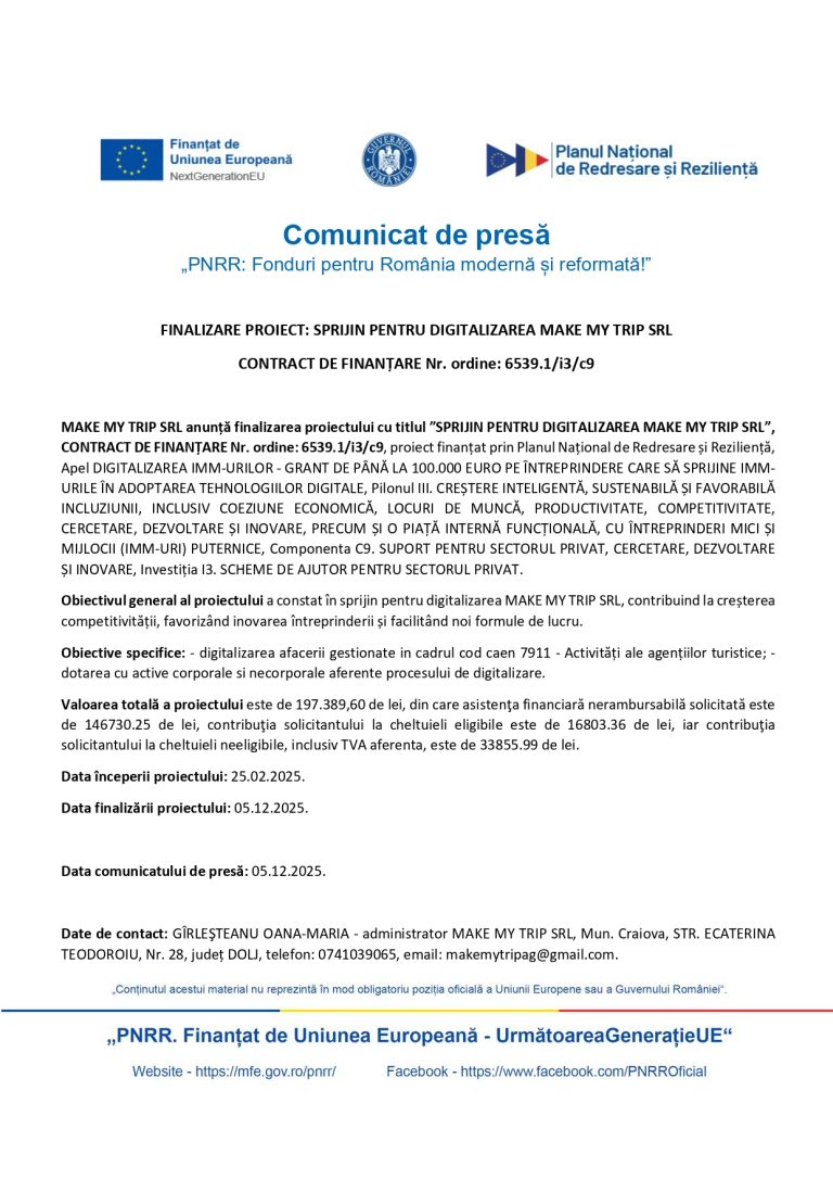 MAKE MY TRIP SRL anunță finalizarea proiectului cu titlul ”SPRIJIN PENTRU DIGITALIZAREA MAKE MY TRIP SRL”, CONTRACT DE FINANȚARE Nr. ordine: 6539.1/i3/c9