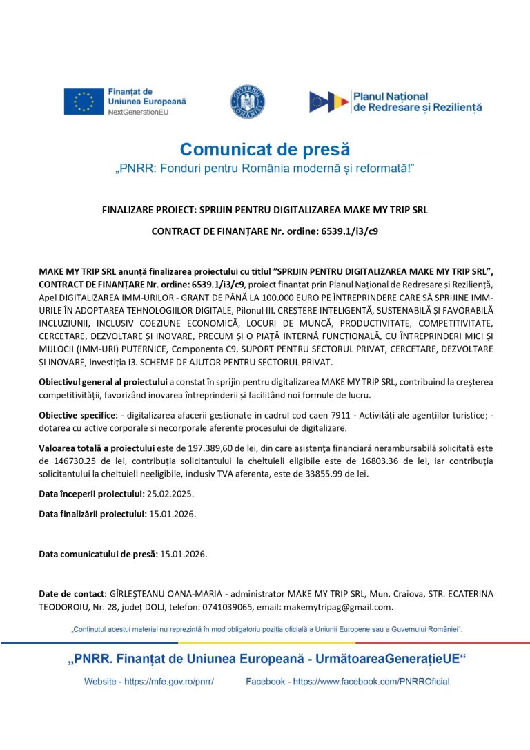 MAKE MY TRIP SRL anunță finalizarea proiectului cu titlul ”SPRIJIN PENTRU DIGITALIZAREA MAKE MY TRIP SRL”, CONTRACT DE FINANȚARE Nr. ordine: 6539.1/i3/c9