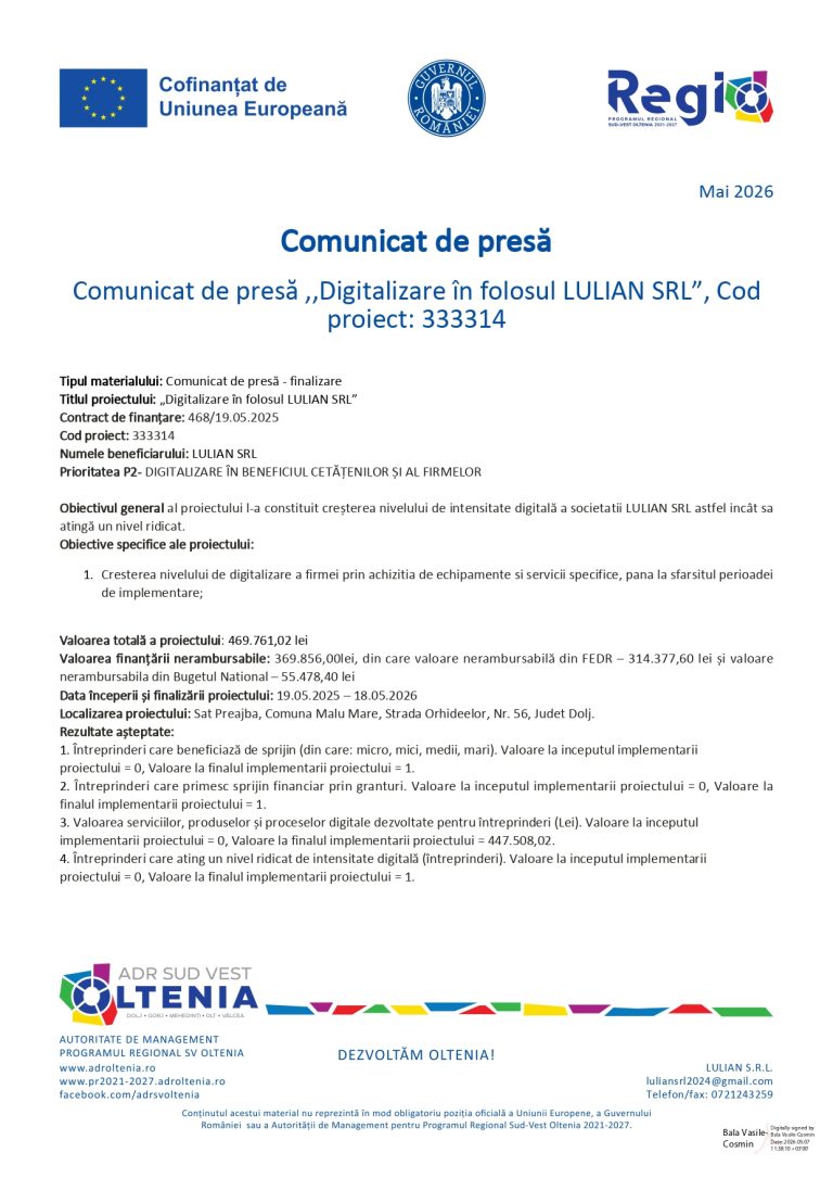 LULIAN SRL anunță finalizarea proiectului cu titlul ,,Digitalizare în folosul LULIAN SRL”,  Cod proiect: 333314