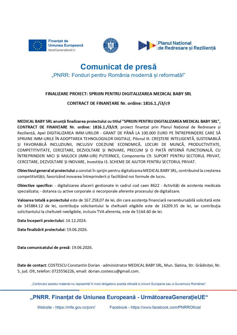 MEDICAL BABY SRL anunță finalizarea proiectului cu titlul ”SPRIJIN PENTRU DIGITALIZAREA MEDICAL BABY SRL”, CONTRACT DE FINANȚARE Nr. ordine: 1816.1./i3/c9