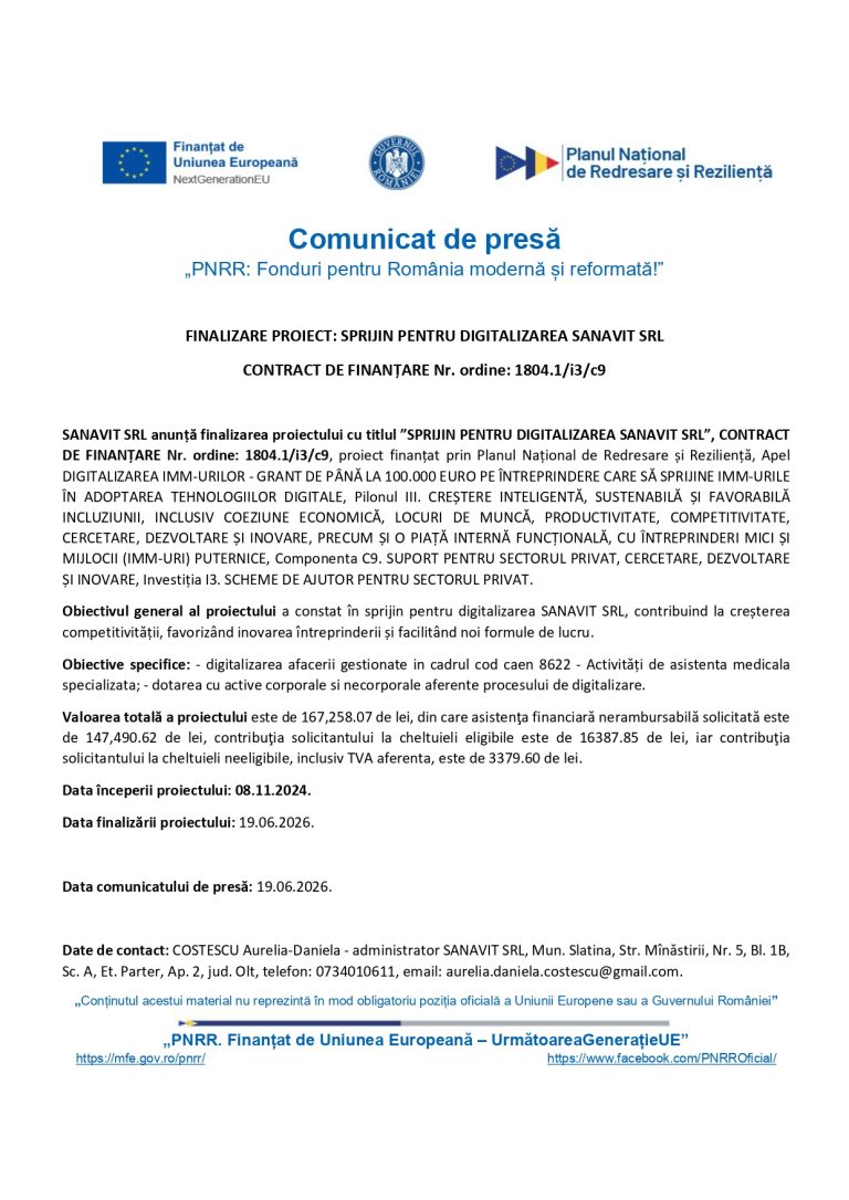 SANAVIT SRL anunță finalizarea proiectului cu titlul ”SPRIJIN PENTRU DIGITALIZAREA SANAVIT SRL”, CONTRACT DE FINANȚARE Nr. ordine: 1804.1/i3/c9