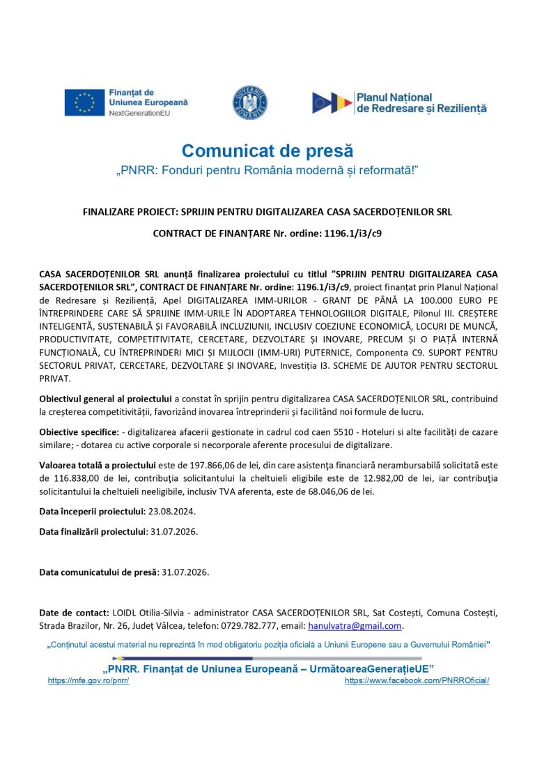 CASA SACERDOȚENILOR SRL anunță finalizarea proiectului cu titlul ”SPRIJIN PENTRU DIGITALIZAREA CASA SACERDOȚENILOR SRL”, CONTRACT DE FINANȚARE Nr. ordine: 1196.1/i3/c9