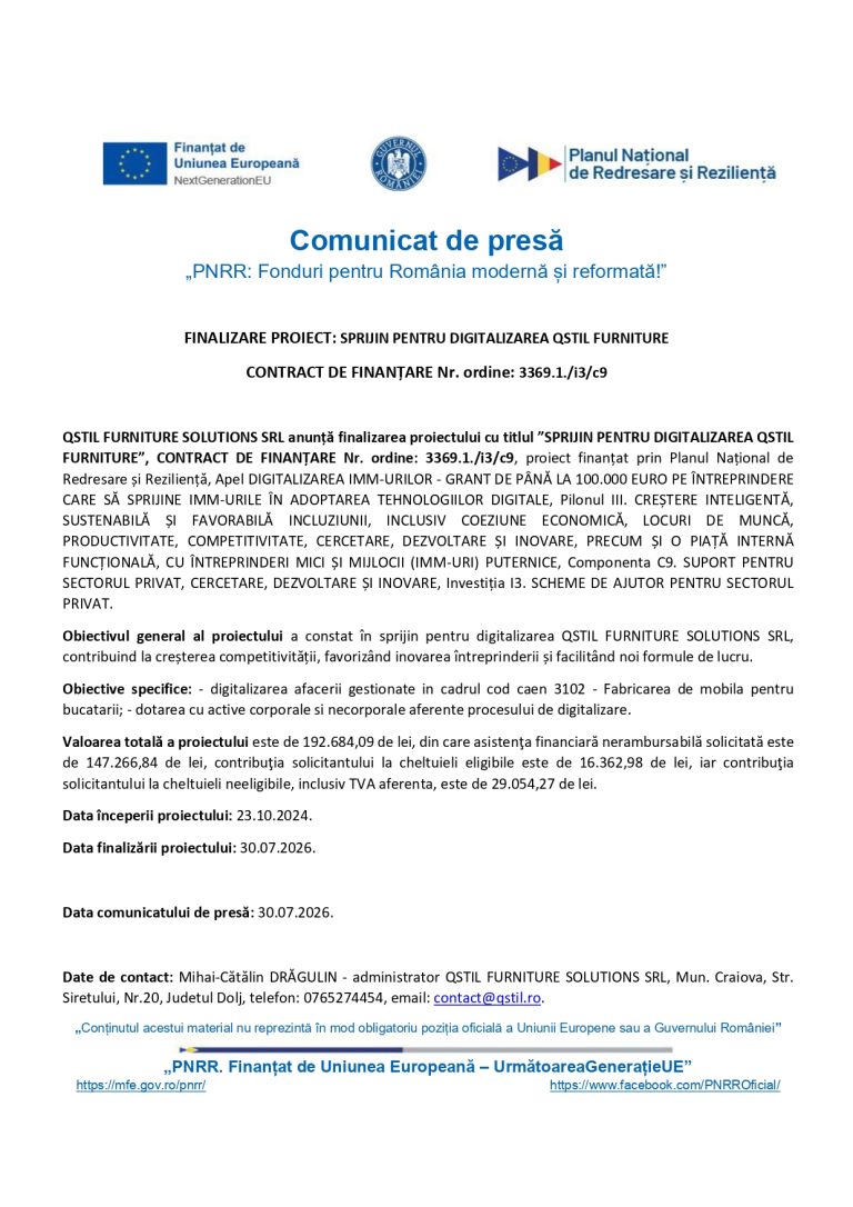 QSTIL FURNITURE SOLUTIONS SRL anunță finalizarea proiectului cu titlul ”SPRIJIN PENTRU DIGITALIZAREA QSTIL FURNITURE”, CONTRACT DE FINANȚARE Nr. ordine: 3369.1./i3/c9