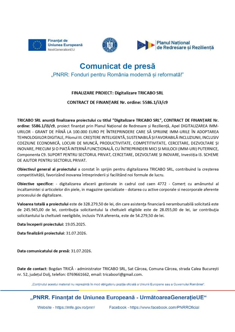 TRICABO SRL anunță finalizarea proiectului cu titlul ”Digitalizare TRICABO SRL”, CONTRACT DE FINANȚARE Nr. ordine: 5586.1/i3/c9