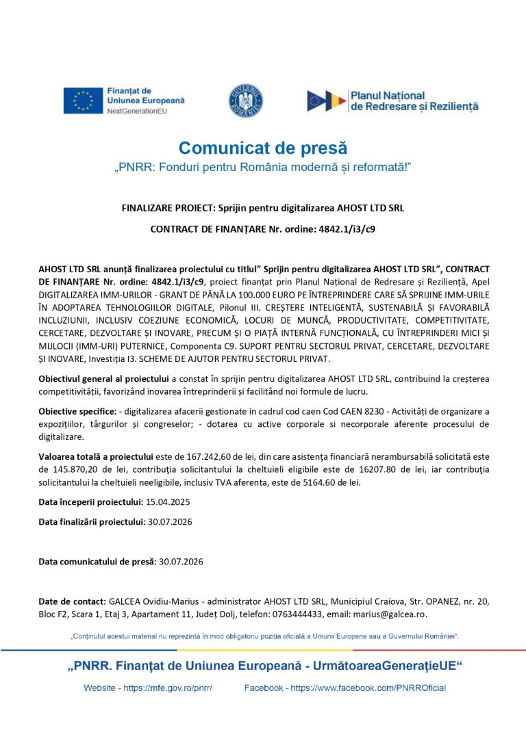 AHOST LTD SRL anunță finalizarea proiectului cu titlul” Sprijin pentru digitalizarea AHOST LTD SRL”, CONTRACT DE FINANȚARE Nr. ordine: 4842.1/i3/c9