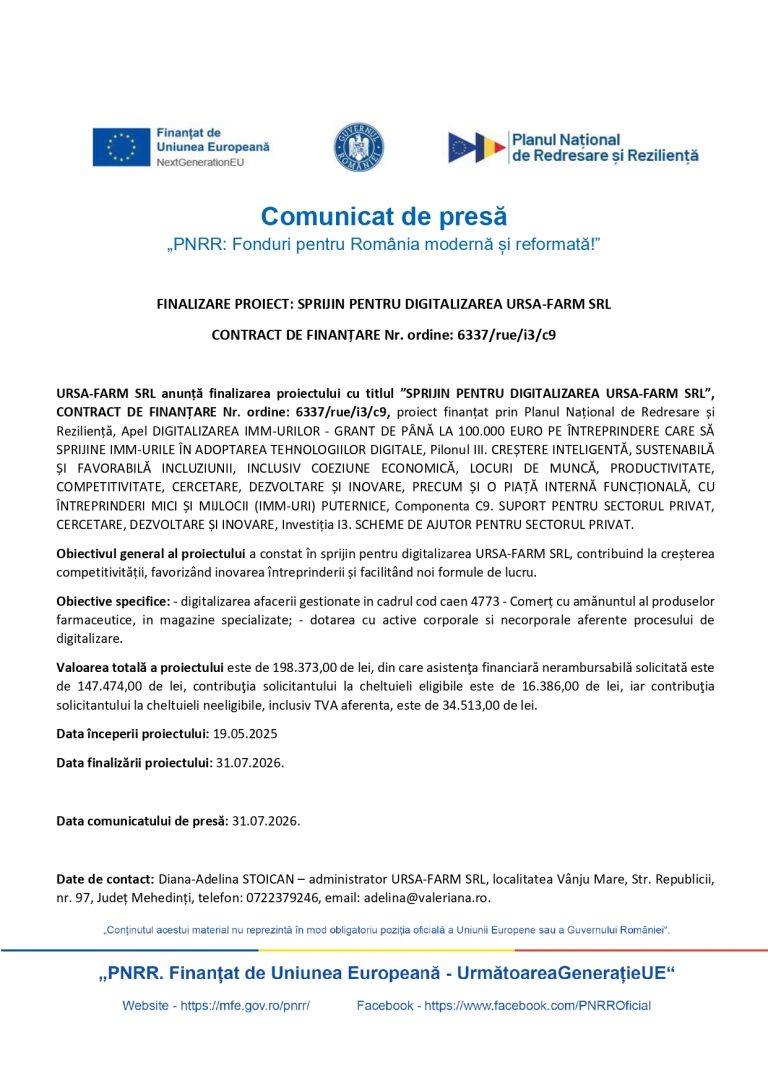 URSA-FARM SRL anunță finalizarea proiectului cu titlul ”SPRIJIN PENTRU DIGITALIZAREA URSA-FARM SRL”, CONTRACT DE FINANȚARE Nr. ordine: 6337/rue/i3/c9